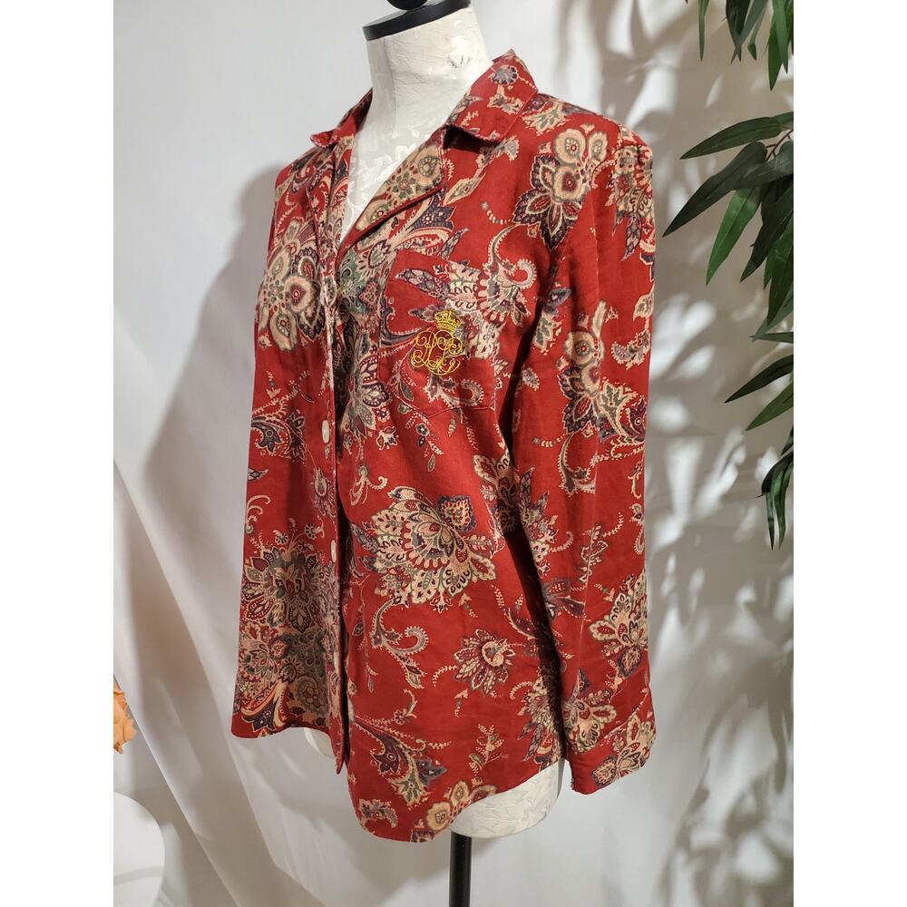 Vtg Lauren Ralph Lauren Flannel Embroidered Monogram Logo Button Sleep Shirt L - Picture 2 of 10